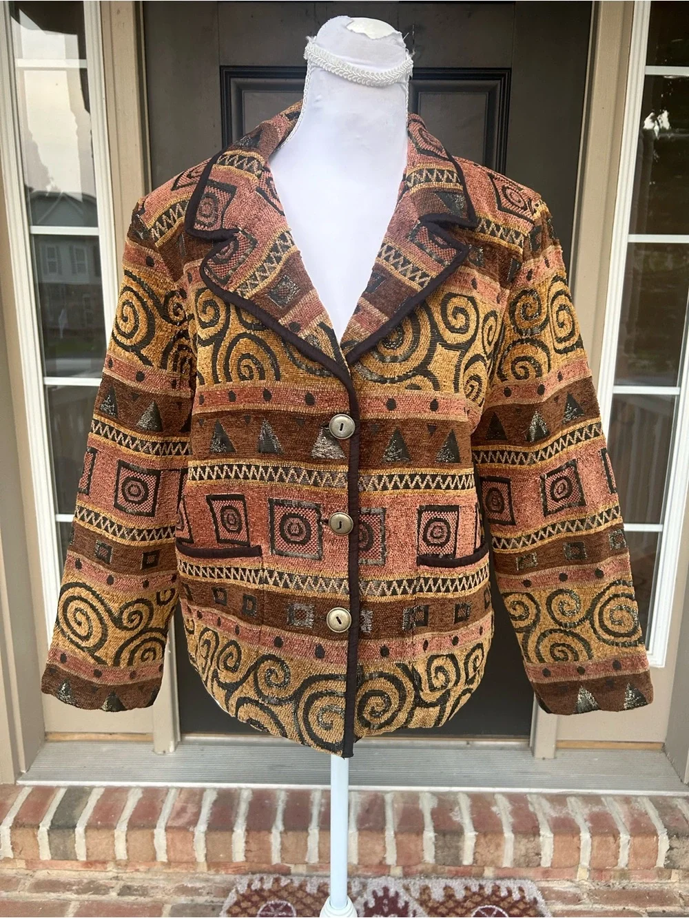 Vintage 90s Brown Tan Woven Tapestry Button Front Jacket Western S M